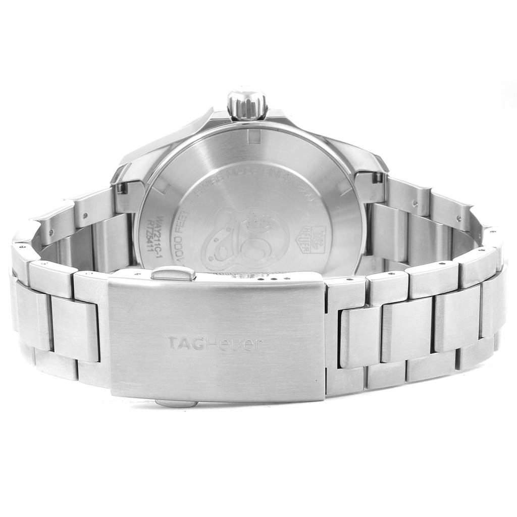 The image shows the back view of a Tag Heuer Aquaracer WAY211C.BA0928 Men's Stainless Steel Blue Dial WAY211C.BA0928 Men's Stainless Steel Blue Dial watch, highlighting its stainless steel clasp and bracelet.