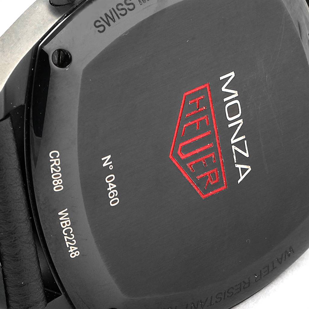 The image shows the back of a Tag Heuer Monza CR2080.FC6375 Men
s Titanium Black Dial CR2080.FC6375 Men
s Titanium Black Dial watch, highlighting the model name and serial number.