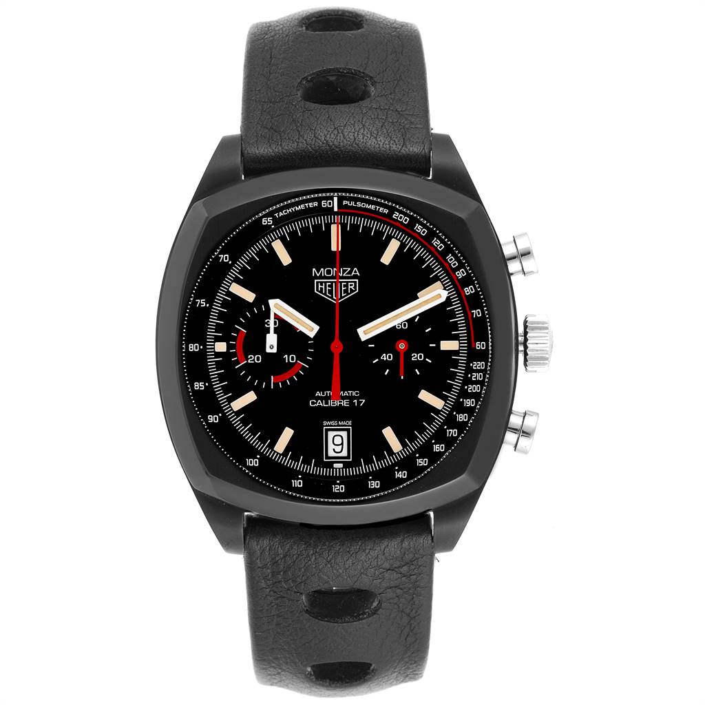 The Monza model by Tag Heuer is shown from the front, highlighting its black dial, leather strap, and subdials.