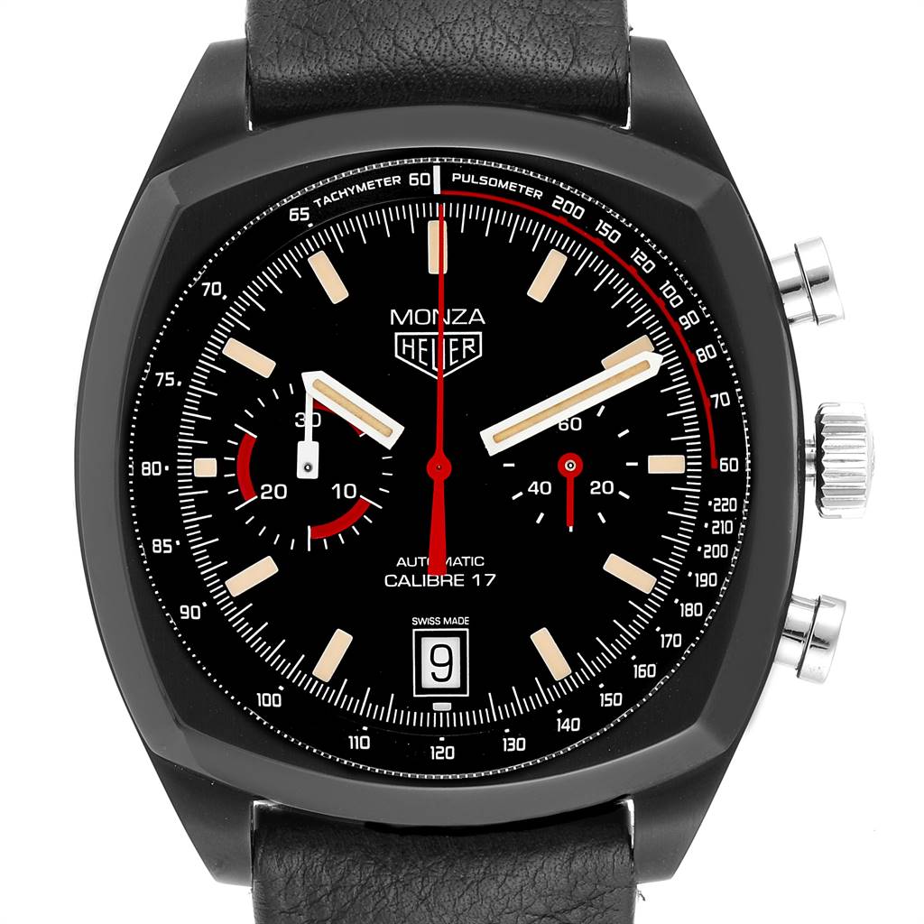 The image shows a front view of the Tag Heuer Monza CR2080.FC6375 Men
s Titanium Black Dial CR2080.FC6375 Men
s Titanium Black Dial watch, highlighting its dial, hands, subdials, and date window.