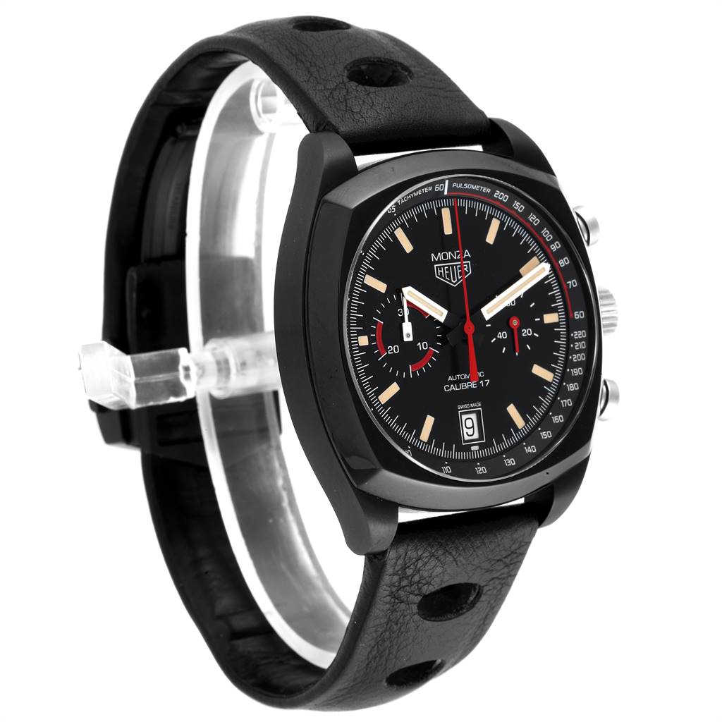 The image shows a Tag Heuer Monza CR2080.FC6375 Men
s Titanium Black Dial CR2080.FC6375 Men
s Titanium Black Dial watch at a three-quarter angle, highlighting its dial, bezel, crown, and perforated leather strap.