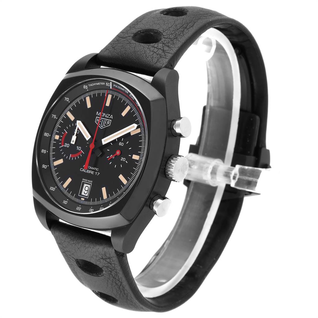 The image shows a side angle view of the Tag Heuer Monza CR2080.FC6375 Men
s Titanium Black Dial CR2080.FC6375 Men
s Titanium Black Dial watch, highlighting its face, bezel, crown, pushers, and strap.