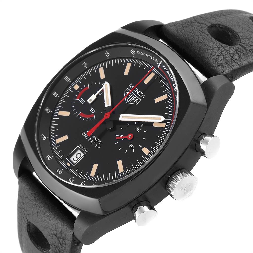 The image shows a Tag Heuer Monza CR2080.FC6375 Men
s Titanium Black Dial CR2080.FC6375 Men
s Titanium Black Dial watch angled to display its face, crown, pushers, and part of the leather strap.