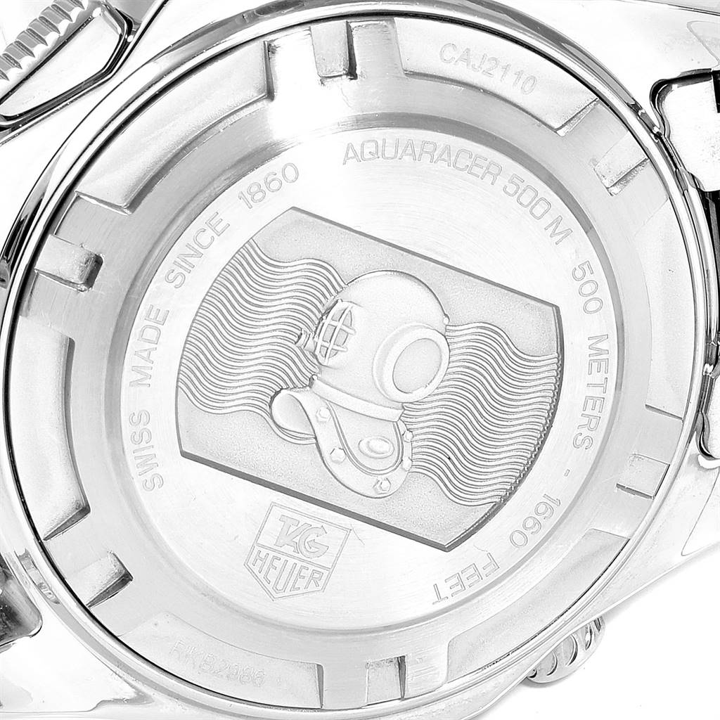 The image shows the back case of a Tag Heuer Aquaracer CAJ2110.BA0872 Men's Stainless Steel Black Dial CAJ2110.BA0872 Men's Stainless Steel Black Dial watch, featuring branding and water resistance markings.