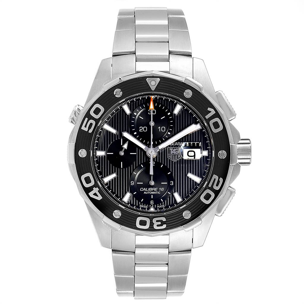 The image shows a frontal view of the Tag Heuer Aquaracer CAJ2110.BA0872 Men's Stainless Steel Black Dial CAJ2110.BA0872 Men's Stainless Steel Black Dial model watch, displaying the dial, bezel, and stainless steel bracelet.