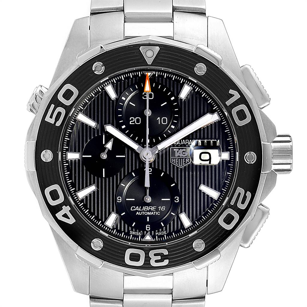 The image shows a front view of a Tag Heuer Aquaracer CAJ2110.BA0872 Men's Stainless Steel Black Dial CAJ2110.BA0872 Men's Stainless Steel Black Dial watch displaying the dial, bezel, and part of the bracelet.