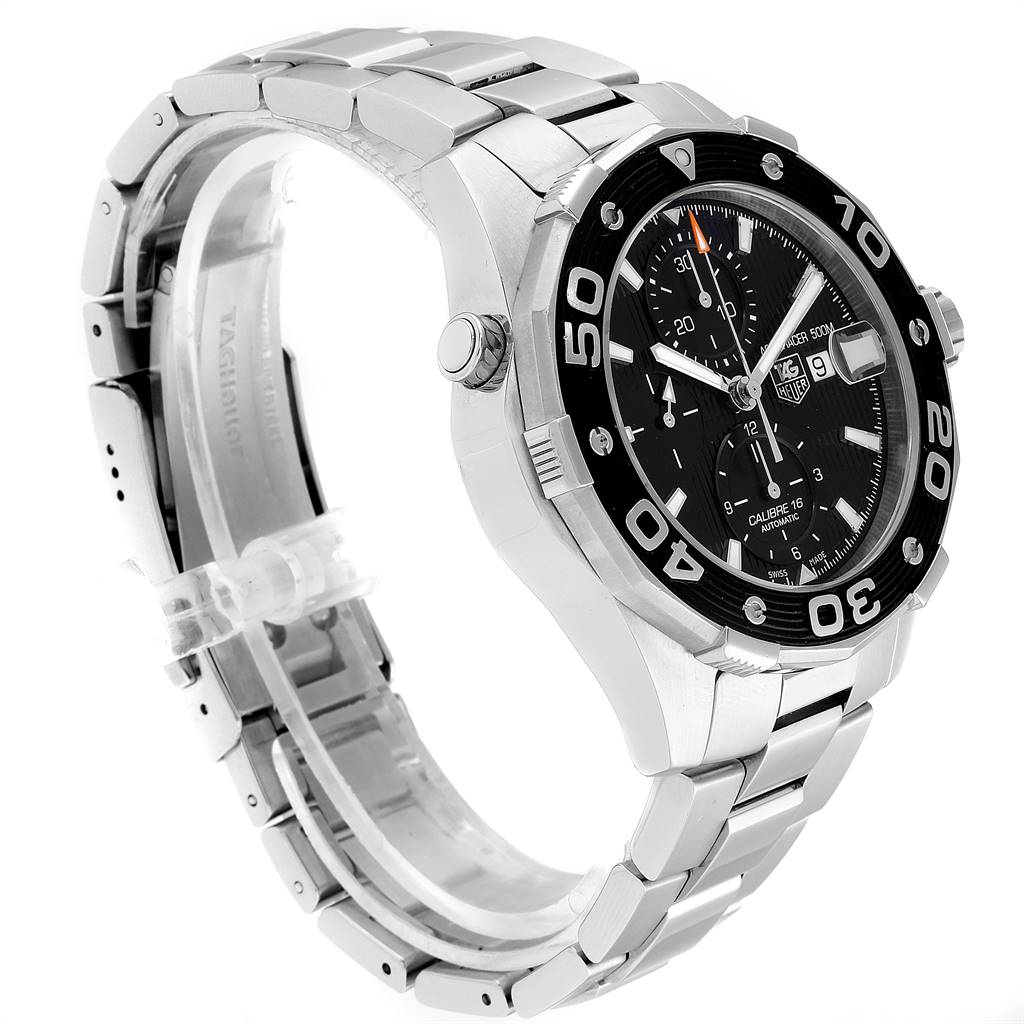 The image shows a side view of a Tag Heuer Aquaracer CAJ2110.BA0872 Men's Stainless Steel Black Dial CAJ2110.BA0872 Men's Stainless Steel Black Dial watch, detailing its face, bezel, crown, and bracelet.