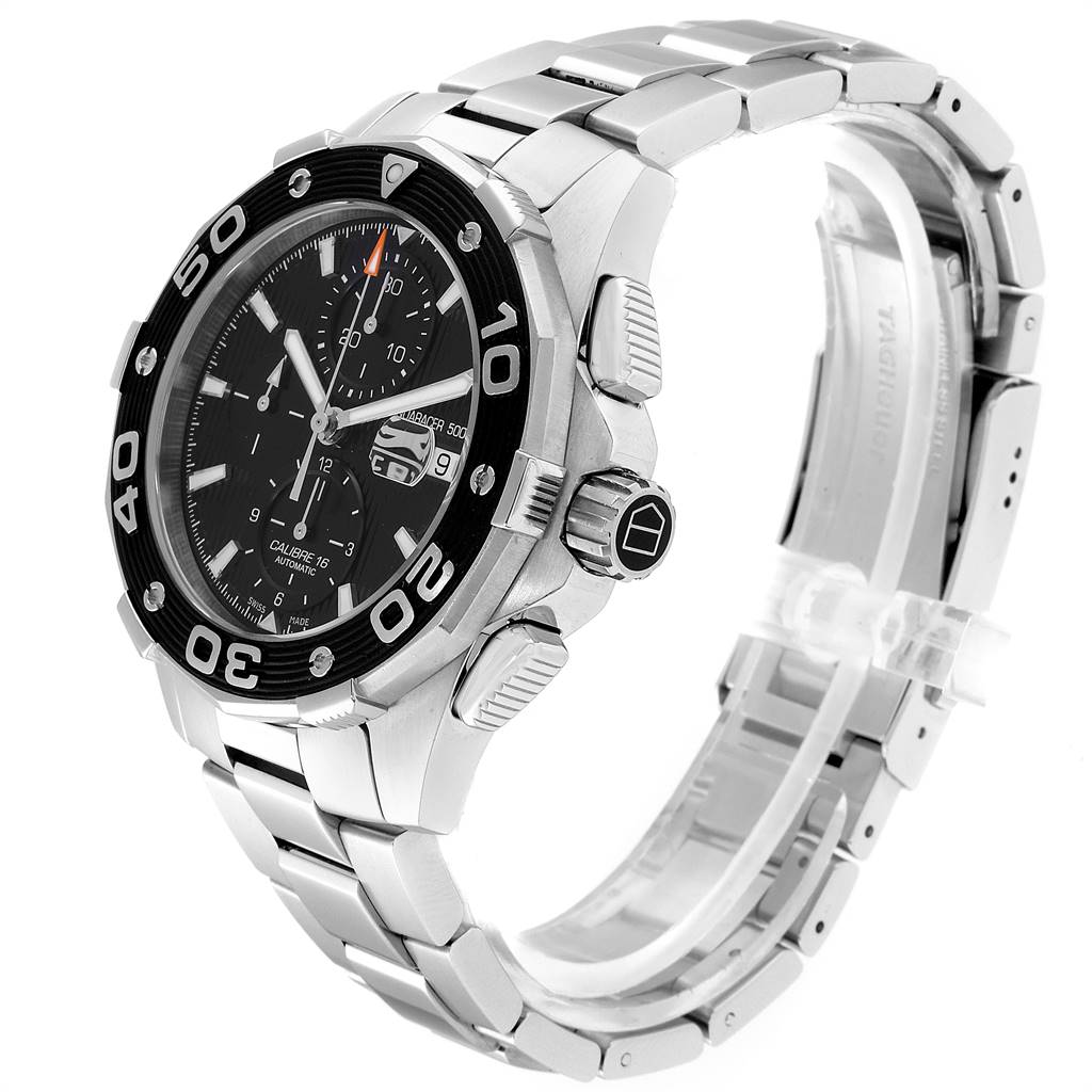 The image shows a Tag Heuer Aquaracer CAJ2110.BA0872 Men's Stainless Steel Black Dial CAJ2110.BA0872 Men's Stainless Steel Black Dial watch at a slight side angle, highlighting the dial, bezel, crown, and bracelet.