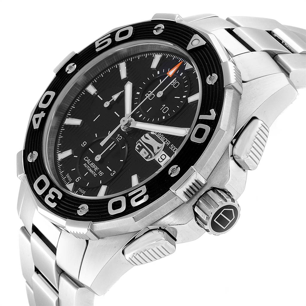 The image shows a side view of the Tag Heuer Aquaracer CAJ2110.BA0872 Men's Stainless Steel Black Dial CAJ2110.BA0872 Men's Stainless Steel Black Dial watch, highlighting the bezel, dial, and stainless steel band.
