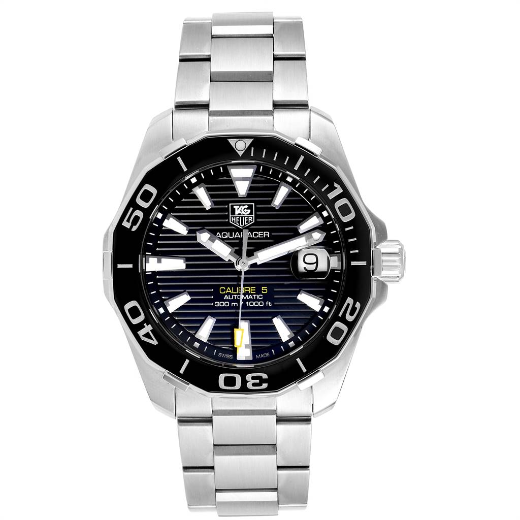 The image shows a full frontal view of the Tag Heuer Aquaracer WAY211A Men
s Stainless Steel Black Dial WAY211A Men
s Stainless Steel Black Dial watch, highlighting the dial, bezel, and bracelet.
