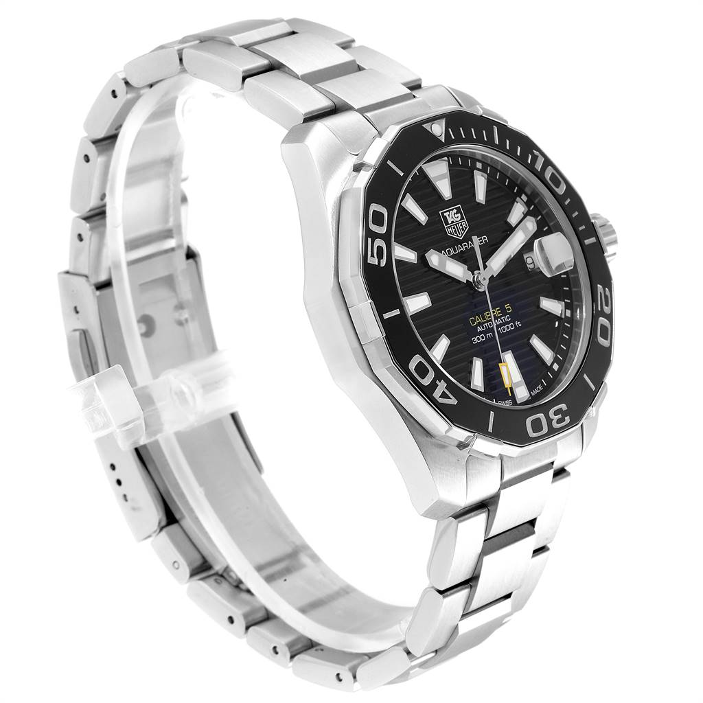 The Tag Heuer Aquaracer WAY211A Men
s Stainless Steel Black Dial WAY211A Men
s Stainless Steel Black Dial model watch is shown at a three-quarter angle, highlighting the face, bezel, and part of the bracelet.