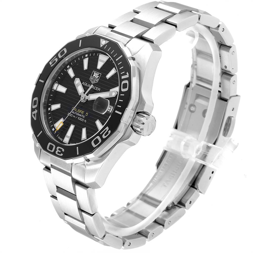 The Tag Heuer Aquaracer WAY211A Men
s Stainless Steel Black Dial WAY211A Men
s Stainless Steel Black Dial watch is shown at an angled side view, displaying its black bezel, dial, and stainless steel bracelet.