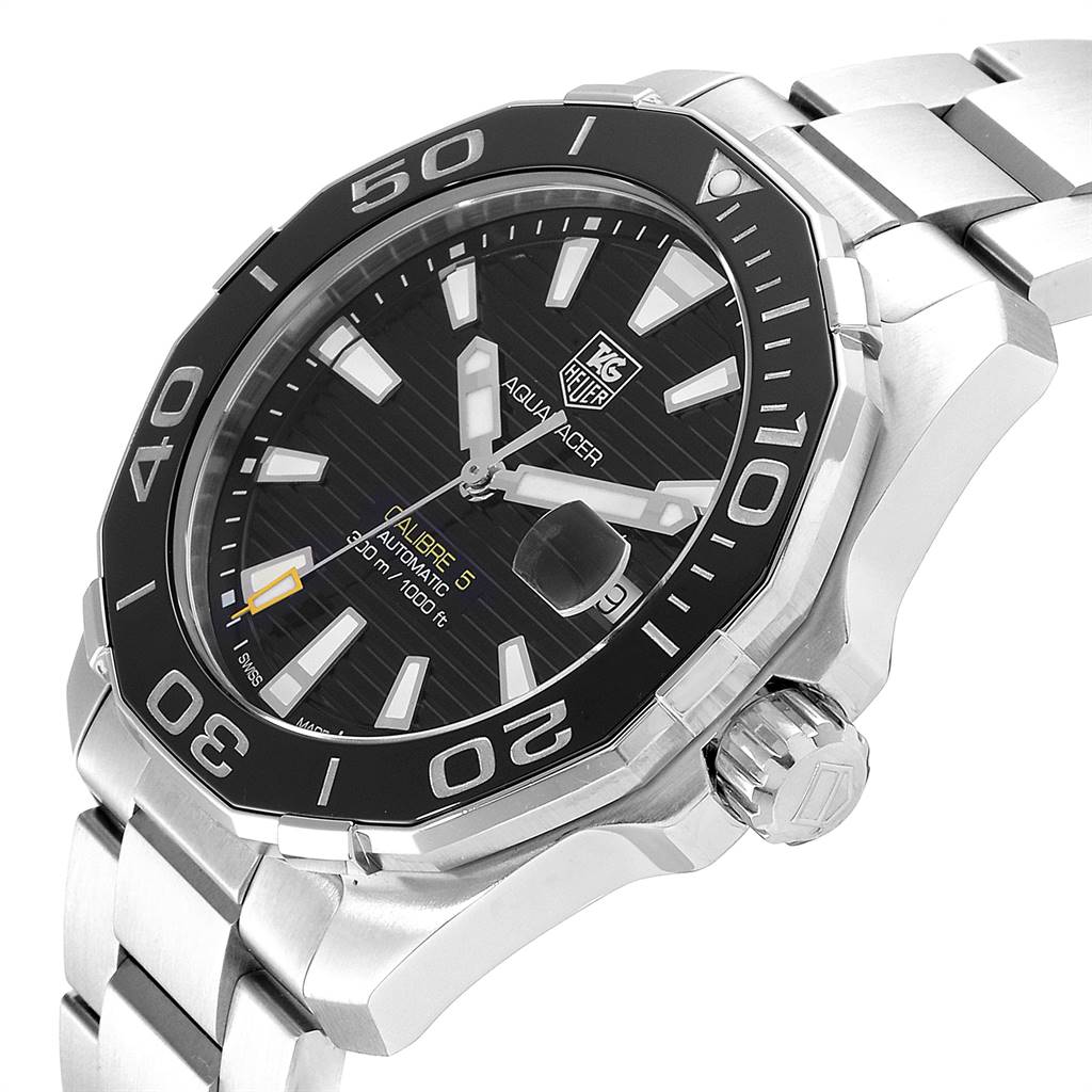 The image shows a Tag Heuer Aquaracer WAY211A Men
s Stainless Steel Black Dial WAY211A Men
s Stainless Steel Black Dial watch at an angle, highlighting the bezel, dial, bracelet, and crown.