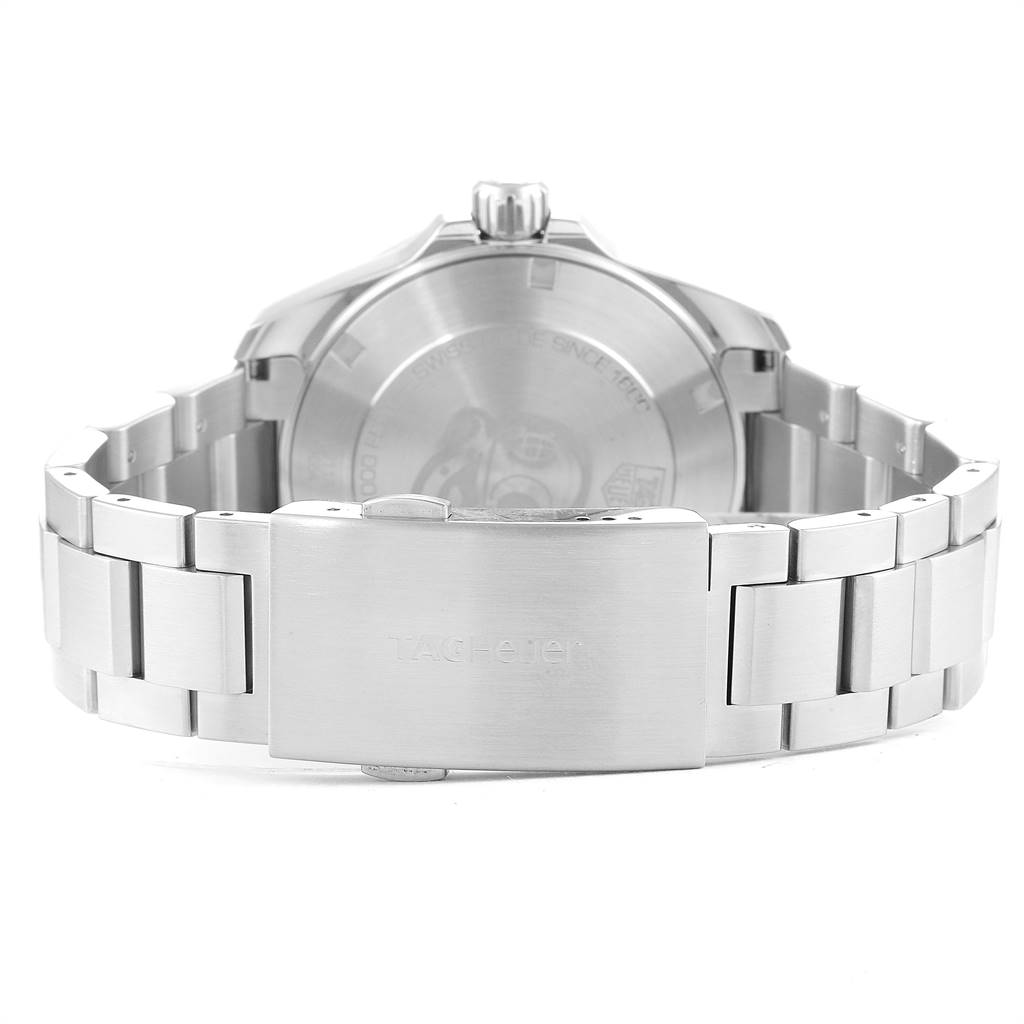 The image shows the back view of a Tag Heuer Aquaracer WAY211A Men
s Stainless Steel Black Dial WAY211A Men
s Stainless Steel Black Dial watch, highlighting its stainless steel bracelet and clasp.