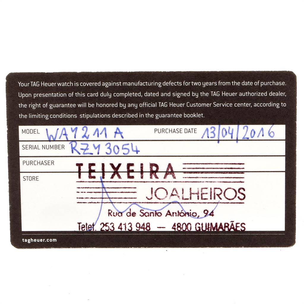 The image shows the guarantee card for the Tag Heuer Aquaracer WAY211A Men
s Stainless Steel Black Dial WAY211A Men
s Stainless Steel Black Dial model WAY211A watch.