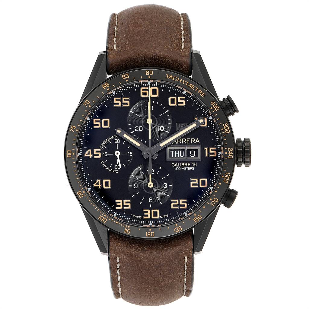 This image shows a Tag Heuer Carrera CV2A84.FC6394 Men's Titanium Black Dial CV2A84.FC6394 Men's Titanium Black Dial watch from a front angle, highlighting the dial, bezel, chronograph subdials, date, and brown leather strap.