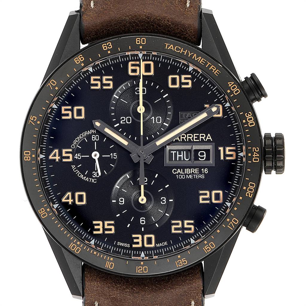 The image shows the face of a Tag Heuer Carrera CV2A84.FC6394 Men's Titanium Black Dial CV2A84.FC6394 Men's Titanium Black Dial watch, highlighting its chronograph dials, tachymeter scale, and date display.