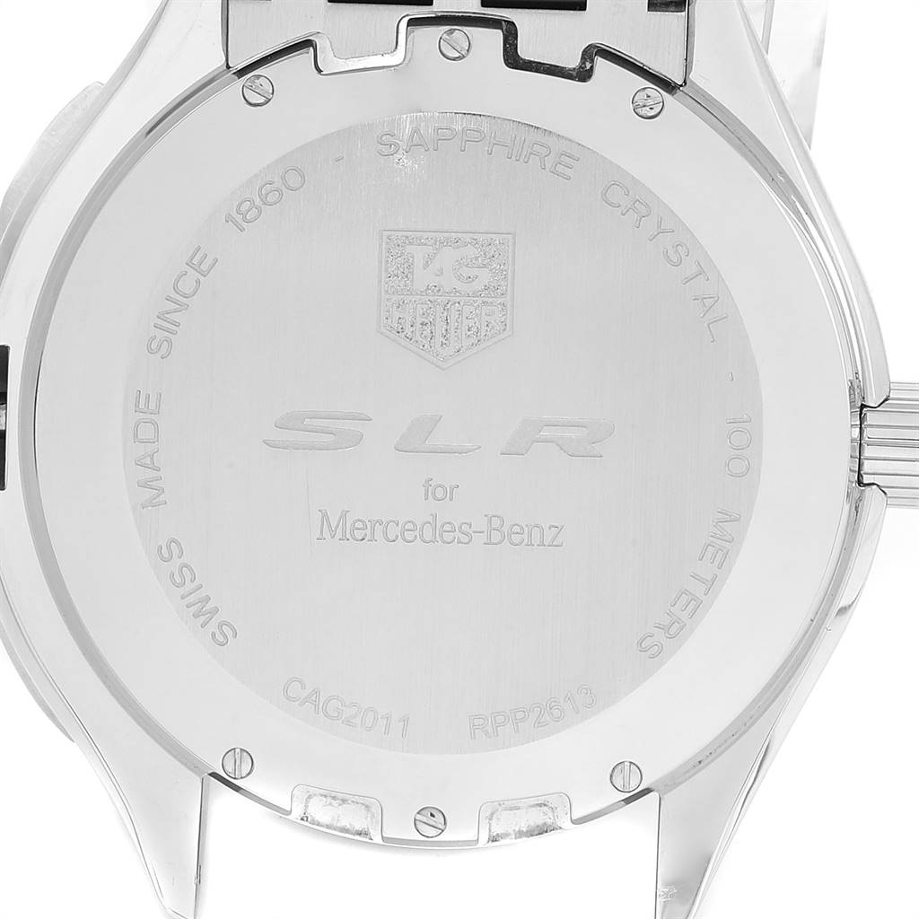 The image shows the back case of a Tag Heuer SLR CAG2011.BA0254 Men's Stainless Steel Silver Dial CAG2011.BA0254 Men's Stainless Steel Silver Dial watch, featuring the branding and specifications.