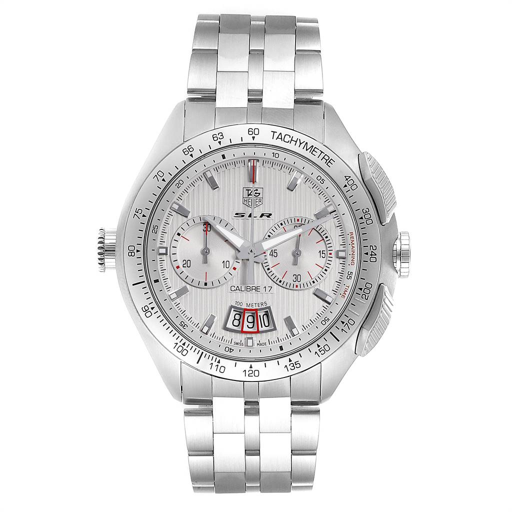 The image shows a front view of the Tag Heuer SLR CAG2011.BA0254 Men's Stainless Steel Silver Dial CAG2011.BA0254 Men's Stainless Steel Silver Dial watch, displaying its face, bezel, and metal bracelet.