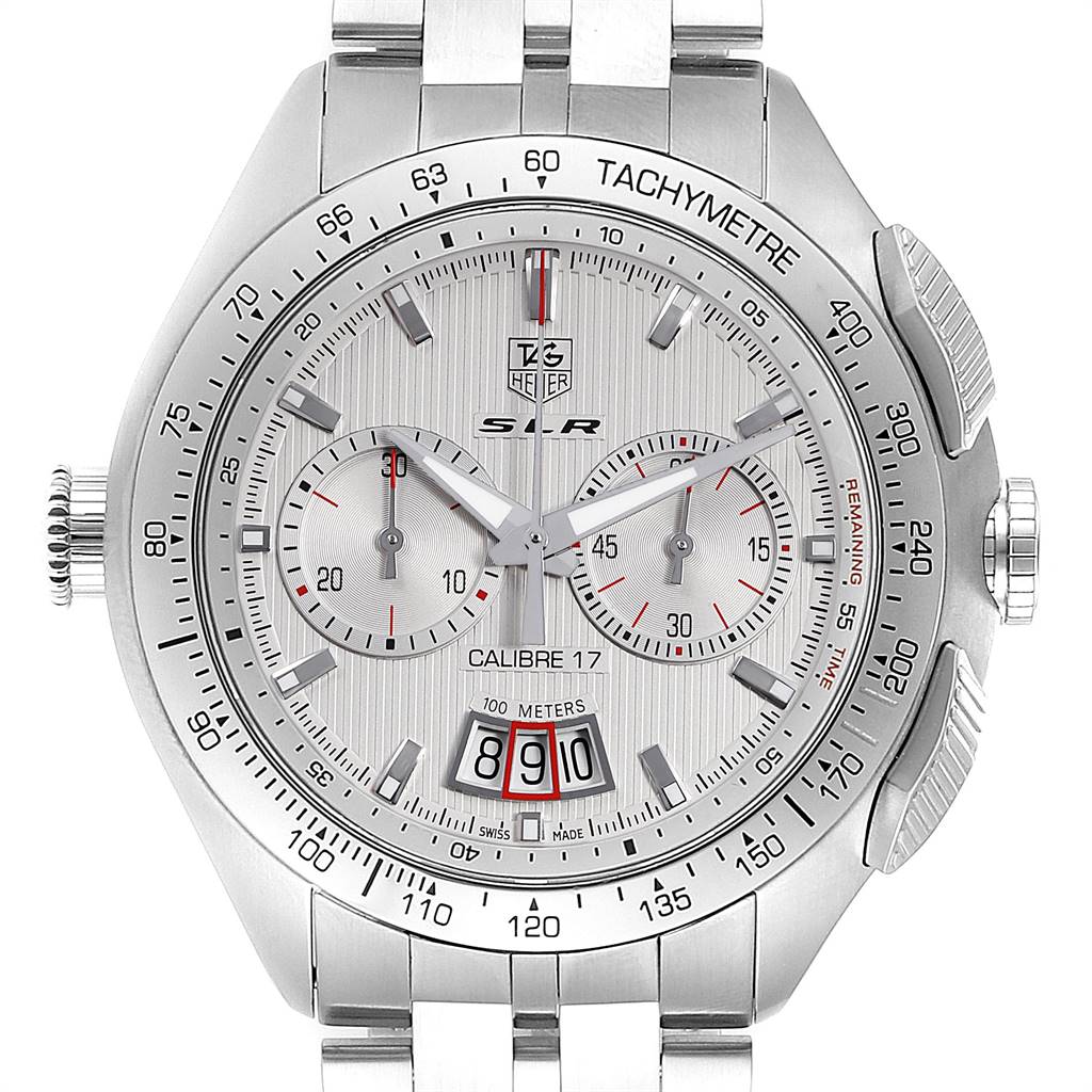 The Tag Heuer SLR CAG2011.BA0254 Men's Stainless Steel Silver Dial CAG2011.BA0254 Men's Stainless Steel Silver Dial watch is shown from the front, displaying its dial, subdials, tachymeter, and date window.