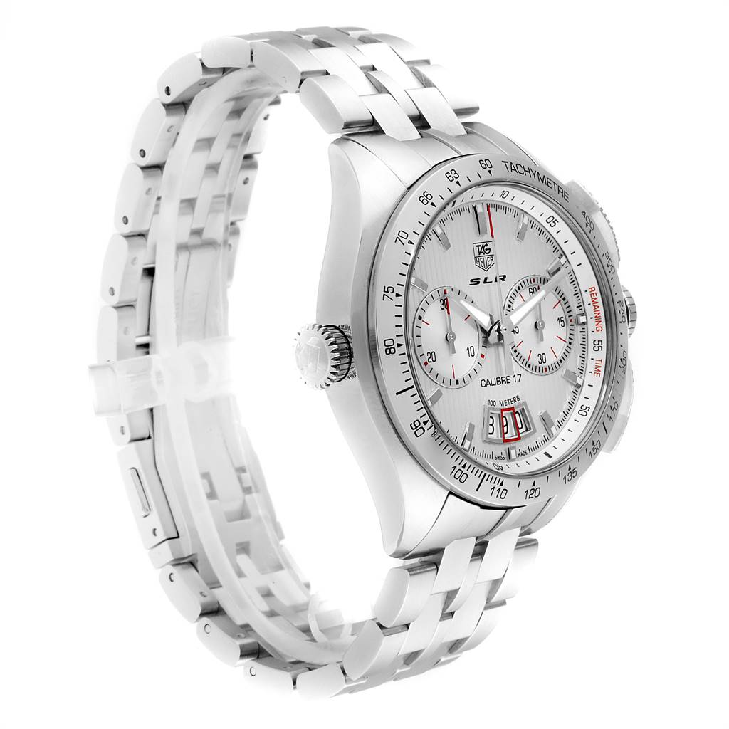The Tag Heuer SLR CAG2011.BA0254 Men's Stainless Steel Silver Dial CAG2011.BA0254 Men's Stainless Steel Silver Dial watch is shown from a side angle, displaying the face, bezel, crown, and part of the metal bracelet.