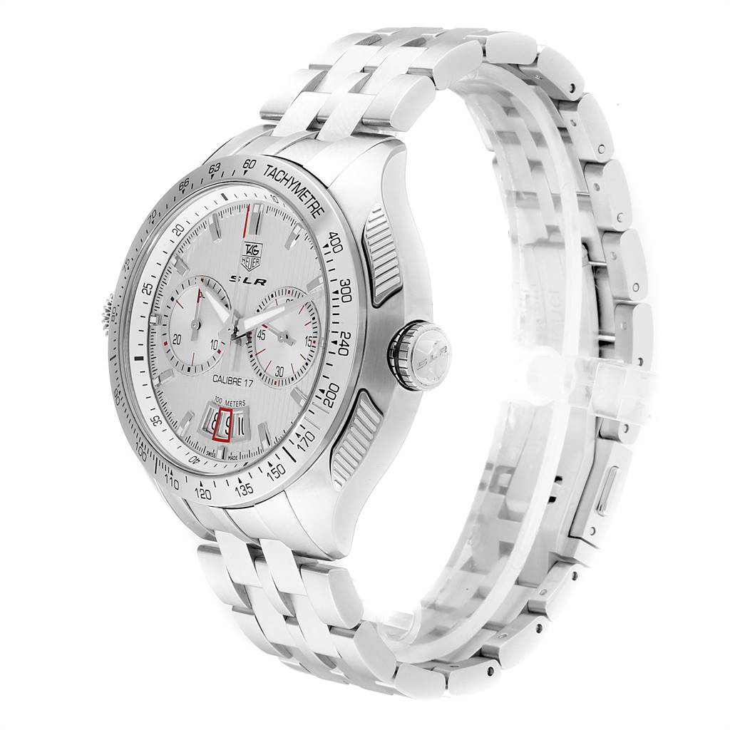 The image shows a side view of the Tag Heuer SLR CAG2011.BA0254 Men's Stainless Steel Silver Dial CAG2011.BA0254 Men's Stainless Steel Silver Dial model watch, highlighting its silver bracelet, crown, and tachymeter bezel.