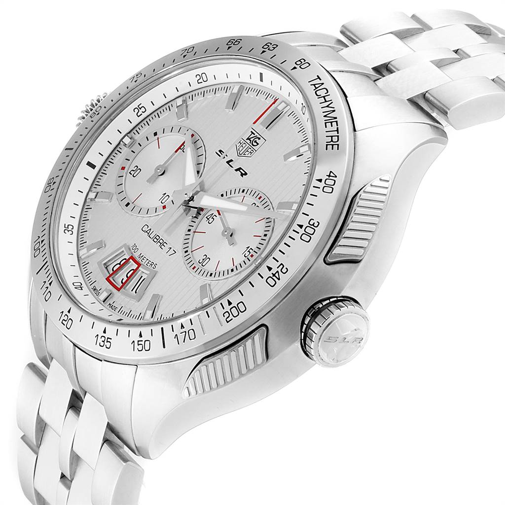 The image shows a close-up angled view of the Tag Heuer SLR CAG2011.BA0254 Men's Stainless Steel Silver Dial CAG2011.BA0254 Men's Stainless Steel Silver Dial watch, highlighting its face, bezel, and part of the bracelet.