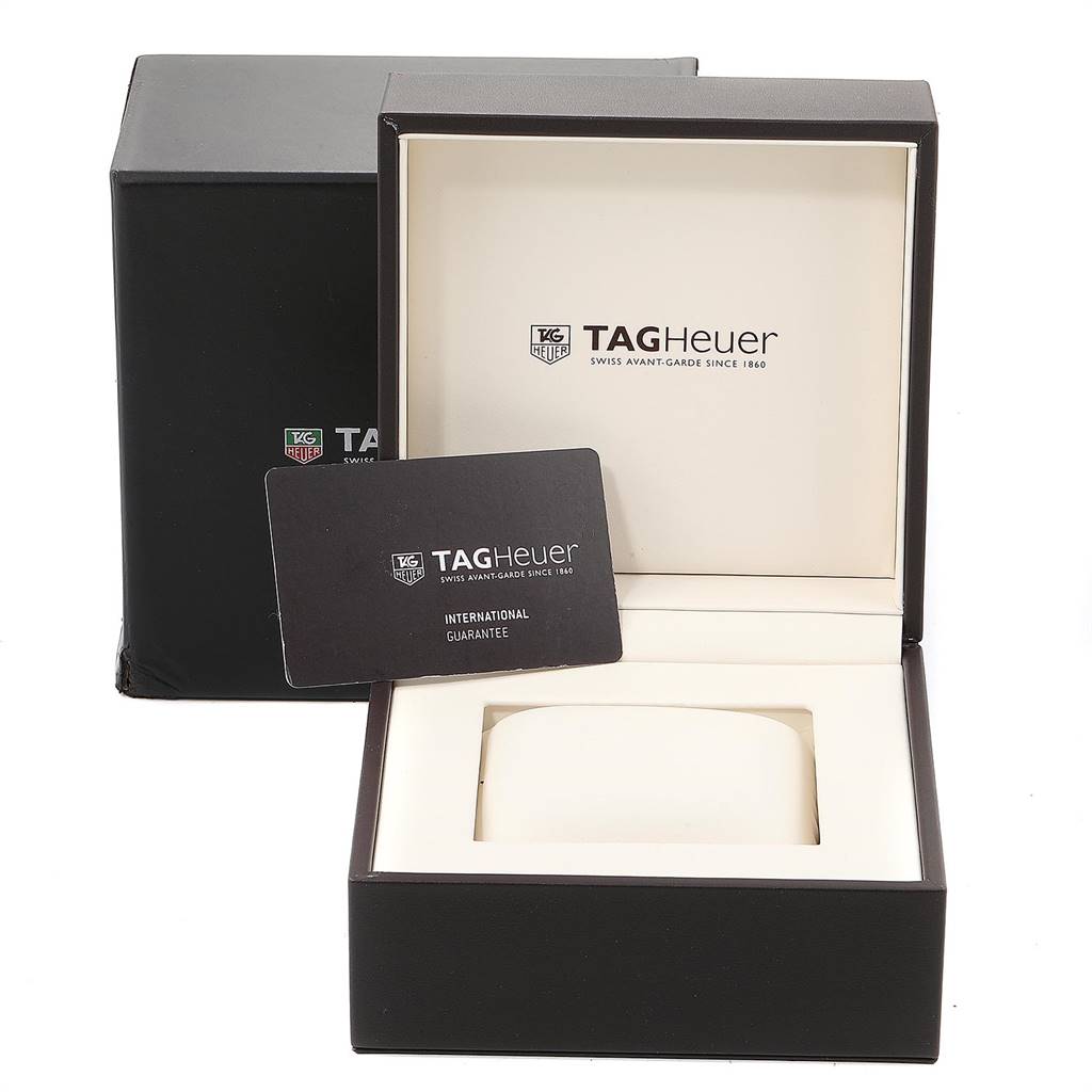 The image shows the packaging and international guarantee card for a Tag Heuer SLR CAG2011.BA0254 Men's Stainless Steel Silver Dial CAG2011.BA0254 Men's Stainless Steel Silver Dial model watch.