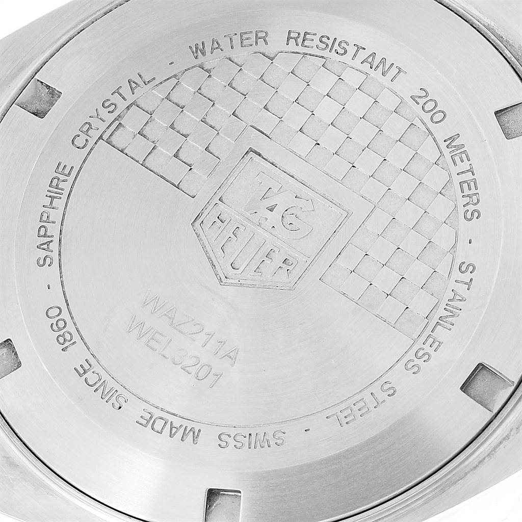 The image shows the back case of the Tag Heuer Formula 1 WAZ211A.BA0875 Men's Stainless Steel Black Dial WAZ211A.BA0875 Men's Stainless Steel Black Dial watch, highlighting specifications and branding.