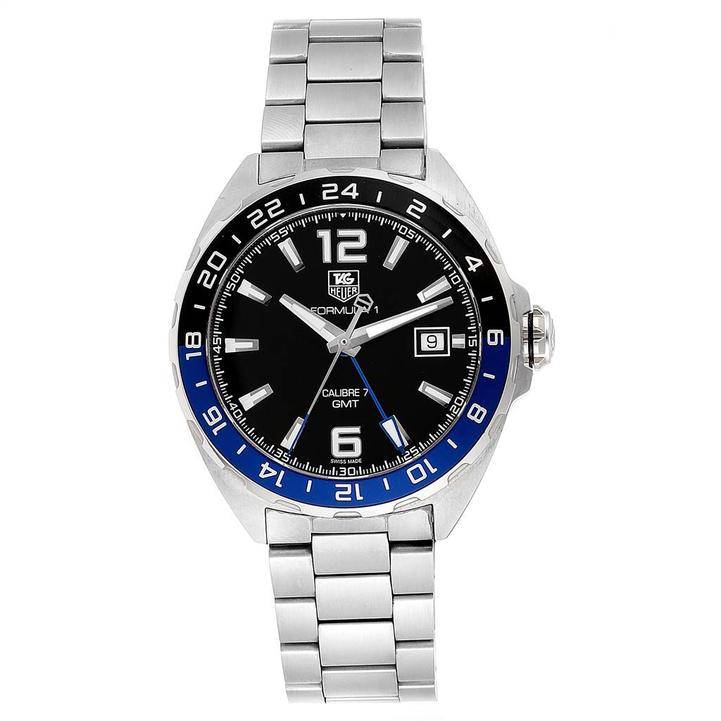 The Tag Heuer Formula 1 WAZ211A.BA0875 Men's Stainless Steel Black Dial WAZ211A.BA0875 Men's Stainless Steel Black Dial watch is shown from a front angle, displaying its face, bezel, and bracelet.