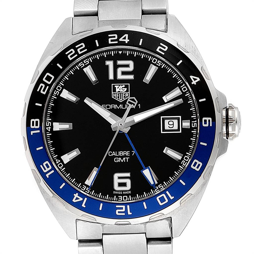 The image shows a front view of the Tag Heuer Formula 1 WAZ211A.BA0875 Men's Stainless Steel Black Dial WAZ211A.BA0875 Men's Stainless Steel Black Dial Calibre 7 GMT watch, highlighting the dial and bezel.