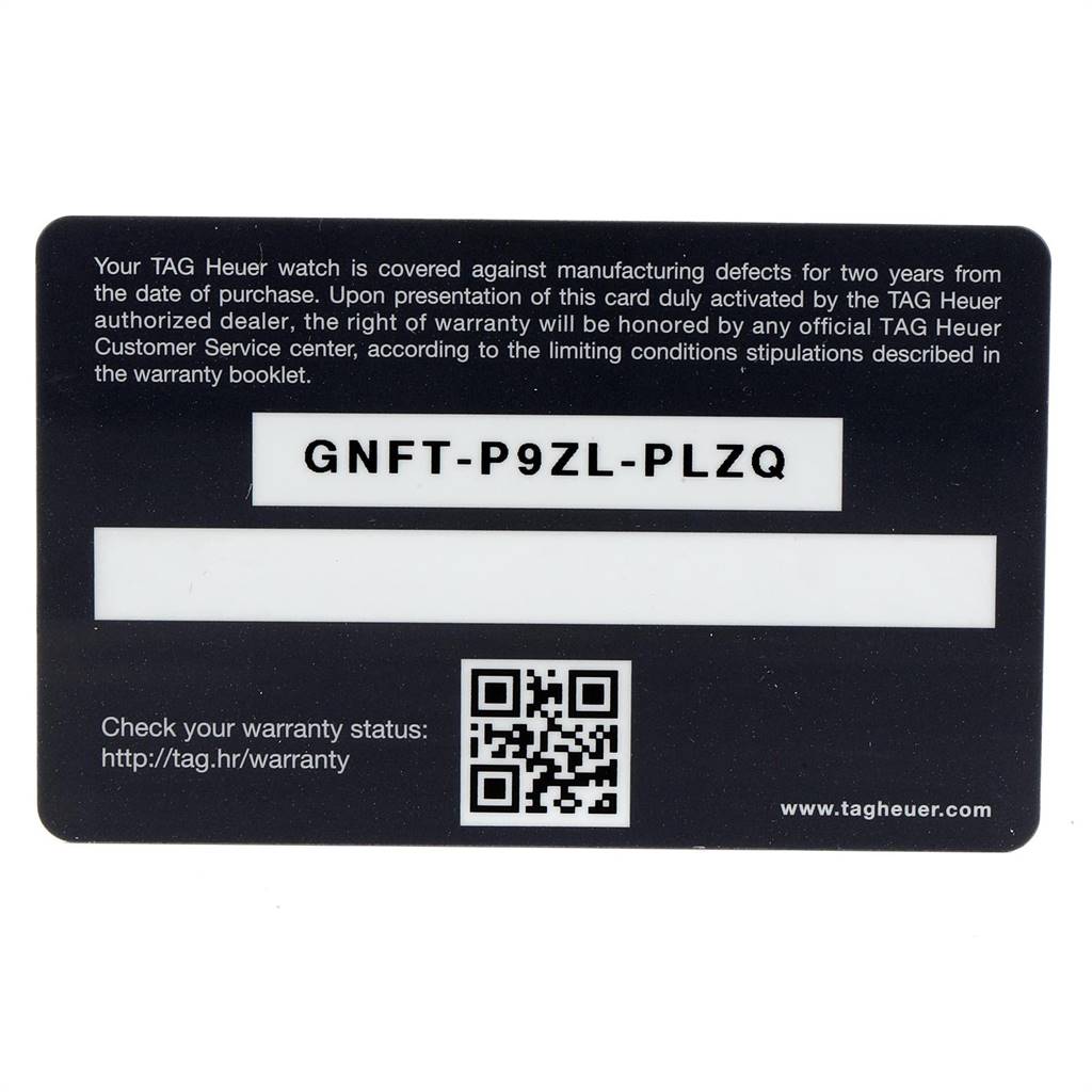 The image shows a Tag Heuer Autavia CBE2110.FC8226 Men's Stainless Steel Black Dial CBE2110.FC8226 Men's Stainless Steel Black Dial watch warranty card with a warranty code and a QR code.