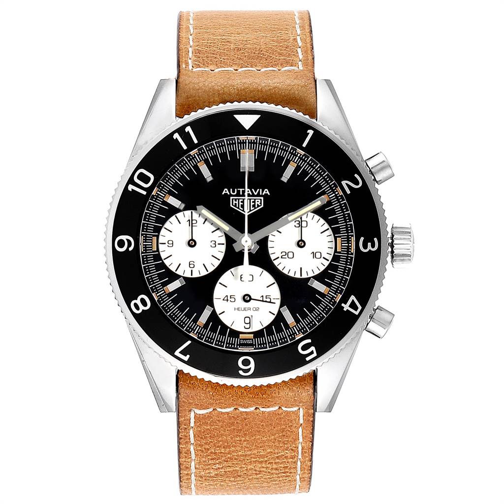 This image shows a front view of a Tag Heuer Autavia CBE2110.FC8226 Men's Stainless Steel Black Dial CBE2110.FC8226 Men's Stainless Steel Black Dial model watch with a brown leather strap and a black dial.