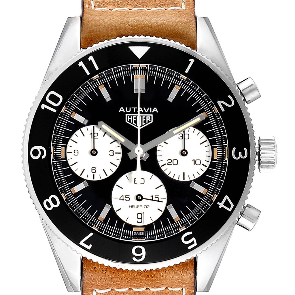 This image shows a front view of the Tag Heuer Autavia CBE2110.FC8226 Men's Stainless Steel Black Dial CBE2110.FC8226 Men's Stainless Steel Black Dial watch, highlighting its dial, subdials, bezel, and crown.