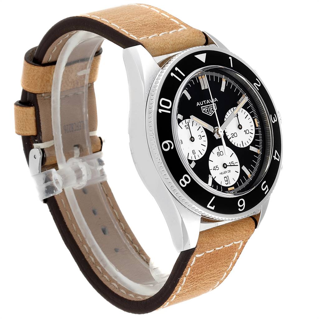 The image shows a side view of a Tag Heuer Autavia CBE2110.FC8226 Men's Stainless Steel Black Dial CBE2110.FC8226 Men's Stainless Steel Black Dial watch featuring a black dial, white sub-dials, and a brown leather strap.