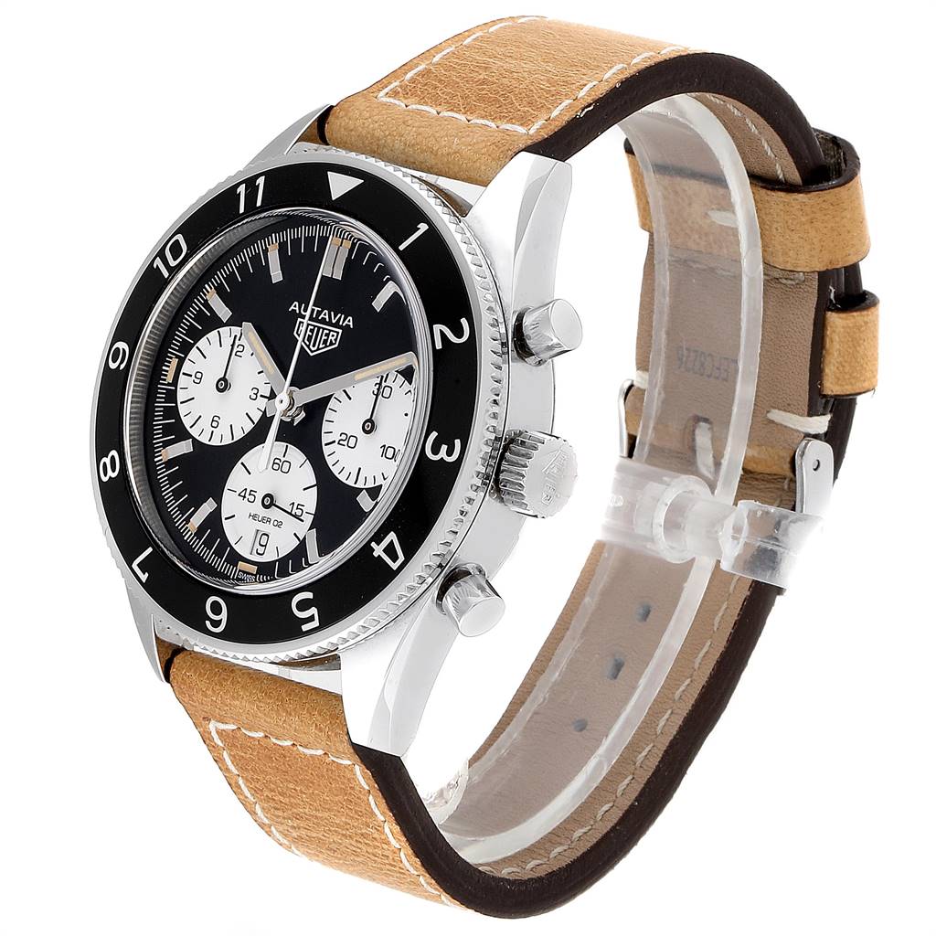 This image shows a Tag Heuer Autavia CBE2110.FC8226 Men's Stainless Steel Black Dial CBE2110.FC8226 Men's Stainless Steel Black Dial watch at a three-quarter angle with a tan leather strap and a black bezel.