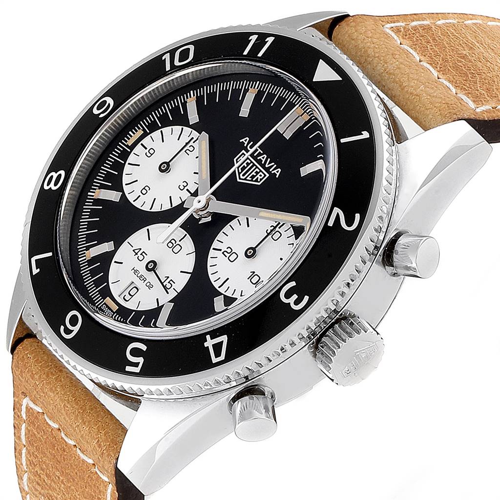 The image shows a Tag Heuer Autavia CBE2110.FC8226 Men's Stainless Steel Black Dial CBE2110.FC8226 Men's Stainless Steel Black Dial watch angled to display its face, bezel, crown, and brown leather strap.