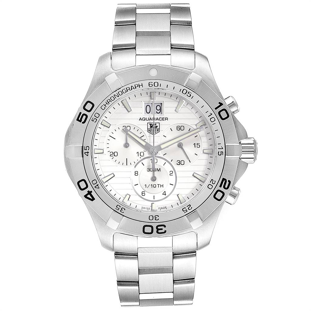 The image shows a front view of a Tag Heuer Aquaracer CAF101B.BA0821 Men's Stainless Steel Silver Dial CAF101B.BA0821 Men's Stainless Steel Silver Dial watch, highlighting its dial, bezel, and metal bracelet.
