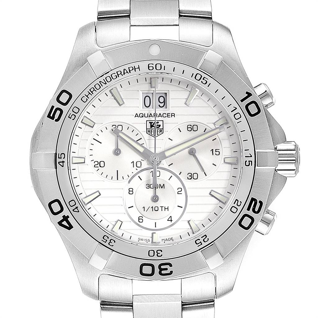 This image shows a front view of a Tag Heuer Aquaracer CAF101B.BA0821 Men's Stainless Steel Silver Dial CAF101B.BA0821 Men's Stainless Steel Silver Dial watch, highlighting the dial, bezel, subdials, and bracelet.
