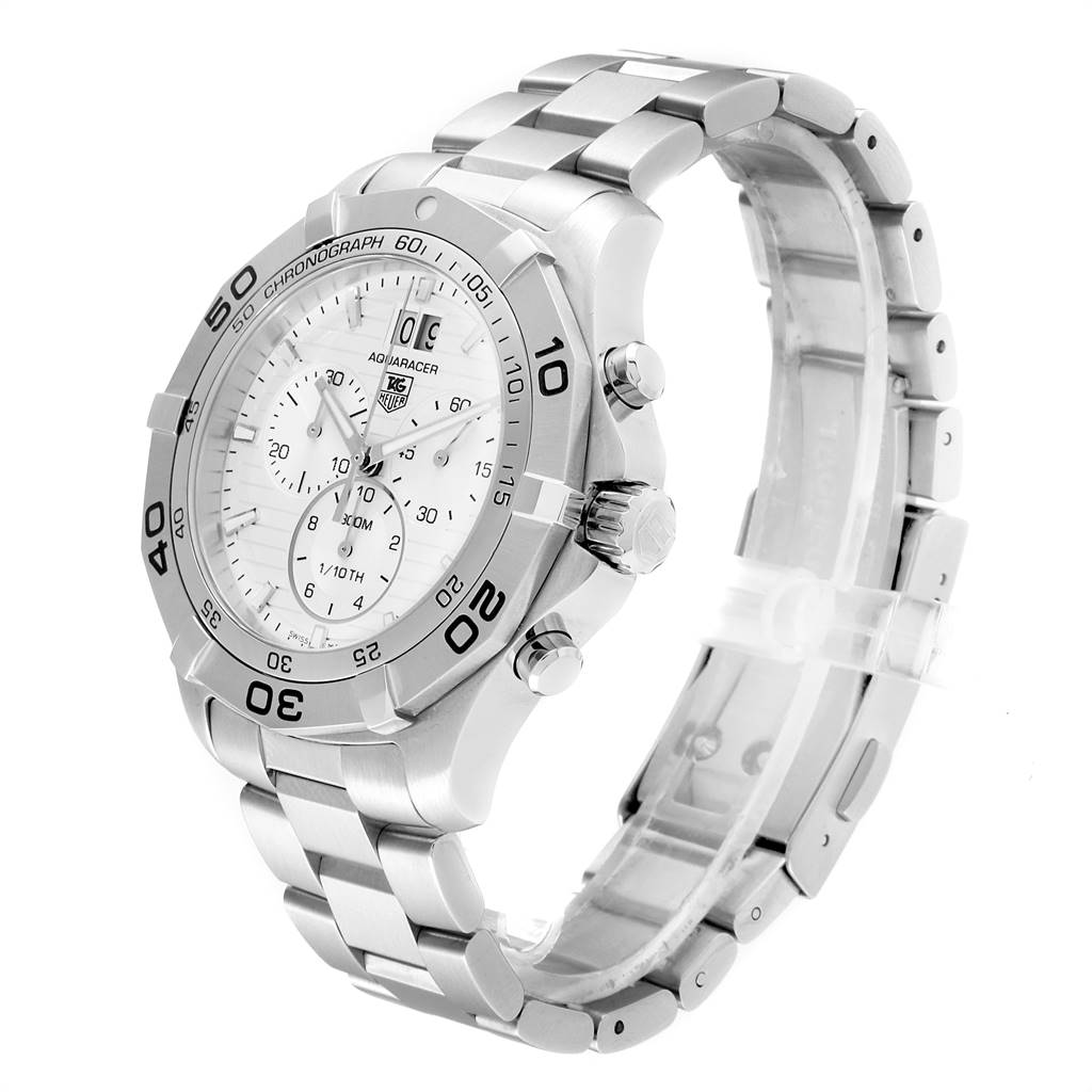 The image shows a side angle of the Tag Heuer Aquaracer CAF101B.BA0821 Men's Stainless Steel Silver Dial CAF101B.BA0821 Men's Stainless Steel Silver Dial watch, highlighting its bracelet, bezel, and chronograph features.