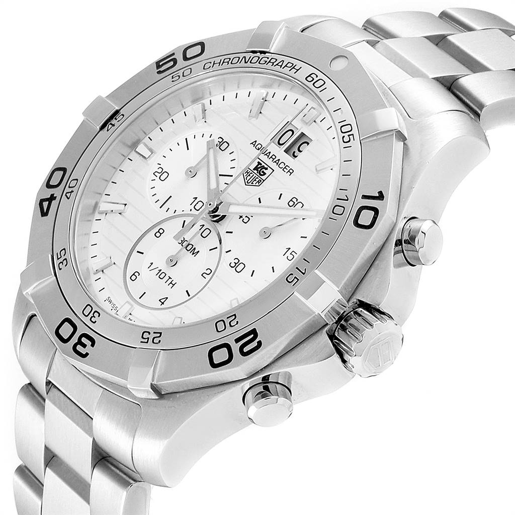 The image shows a close-up angled view of a Tag Heuer Aquaracer CAF101B.BA0821 Men's Stainless Steel Silver Dial CAF101B.BA0821 Men's Stainless Steel Silver Dial watch, highlighting the bezel, face, and pushers.