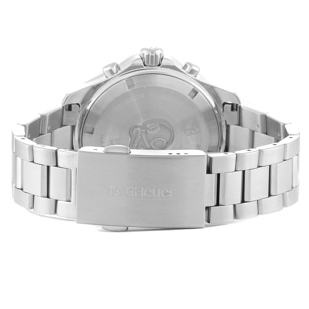The image shows the back of a Tag Heuer Aquaracer CAF101B.BA0821 Men's Stainless Steel Silver Dial CAF101B.BA0821 Men's Stainless Steel Silver Dial watch, highlighting its clasp and bracelet.