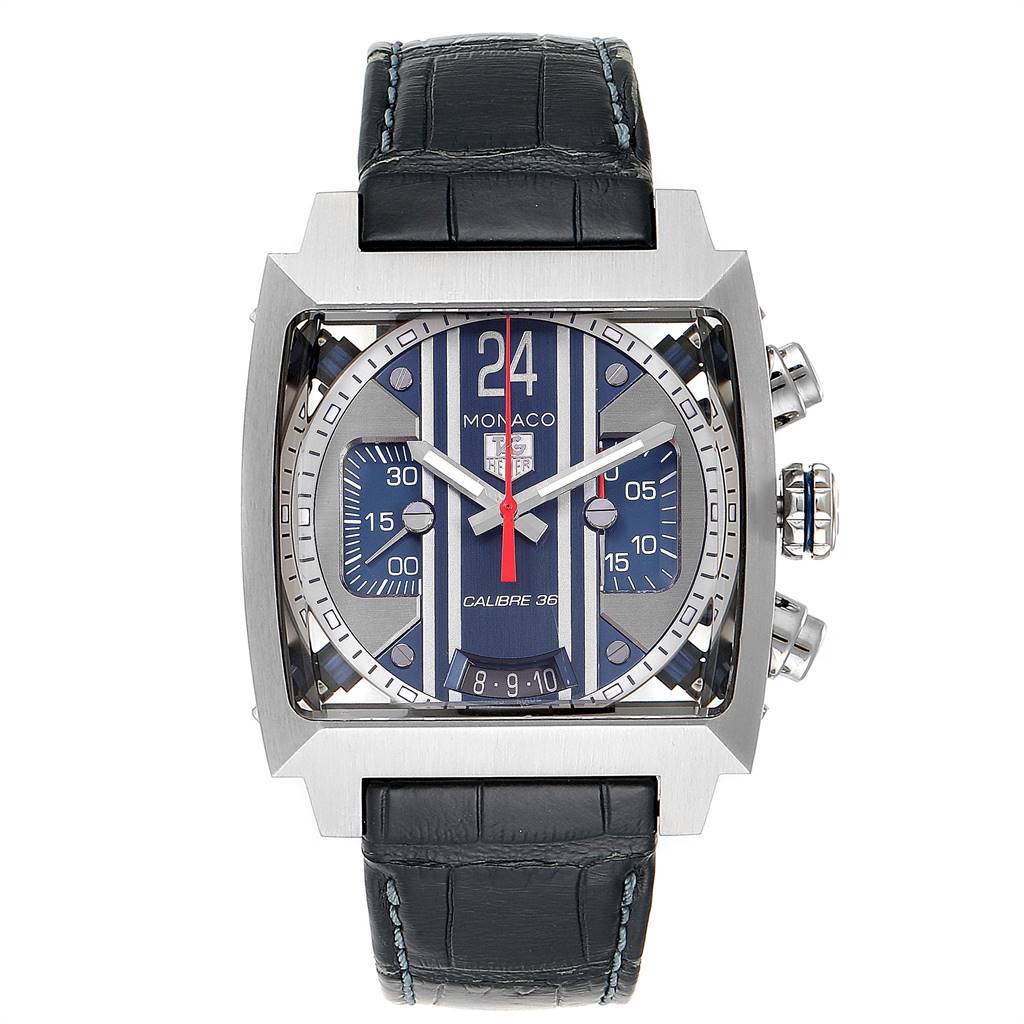 The image shows a front view of the Tag Heuer Monaco CAL5111.FC6299 Men's Stainless Steel Blue Dial CAL5111.FC6299 Men's Stainless Steel Blue Dial watch, displaying its face, strap, case, and side buttons.