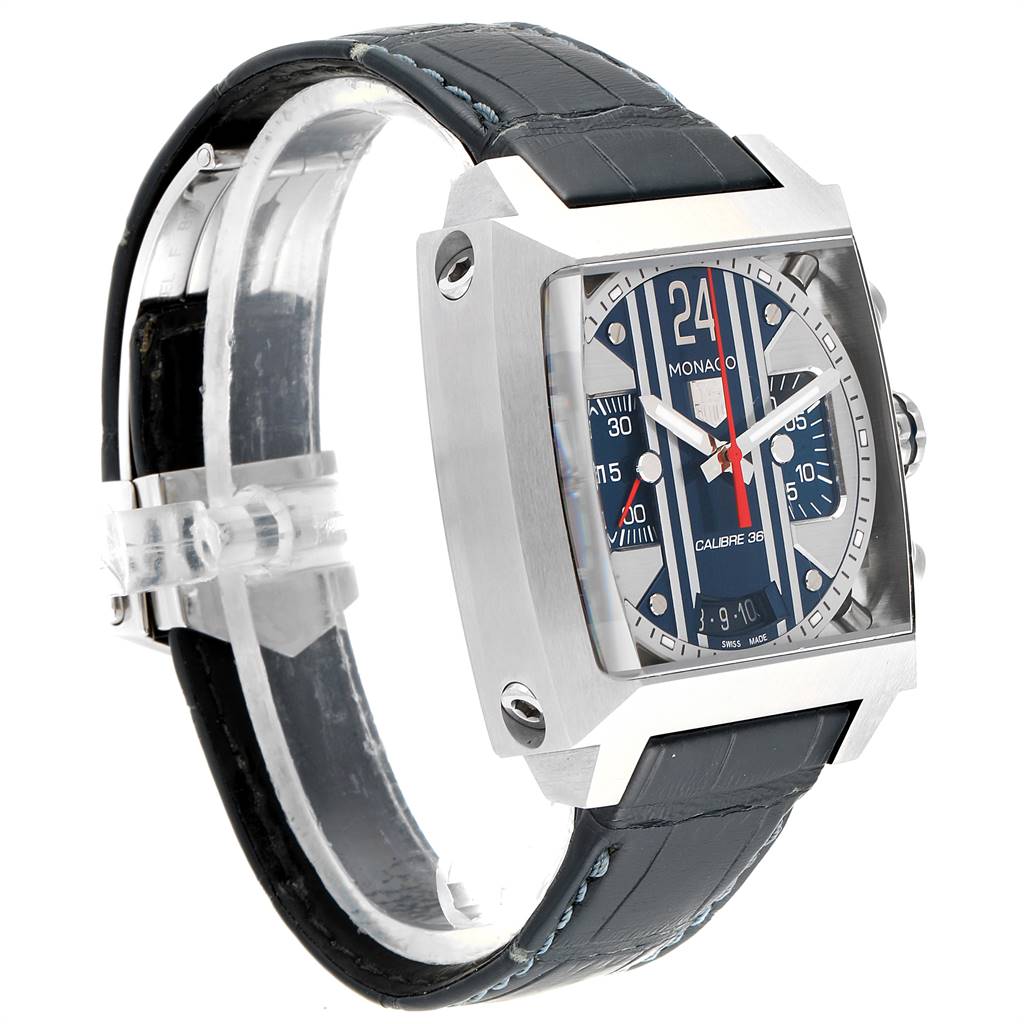 The image shows a side angle view of a Tag Heuer Monaco CAL5111.FC6299 Men's Stainless Steel Blue Dial CAL5111.FC6299 Men's Stainless Steel Blue Dial watch displaying its face, bezel, and strap.