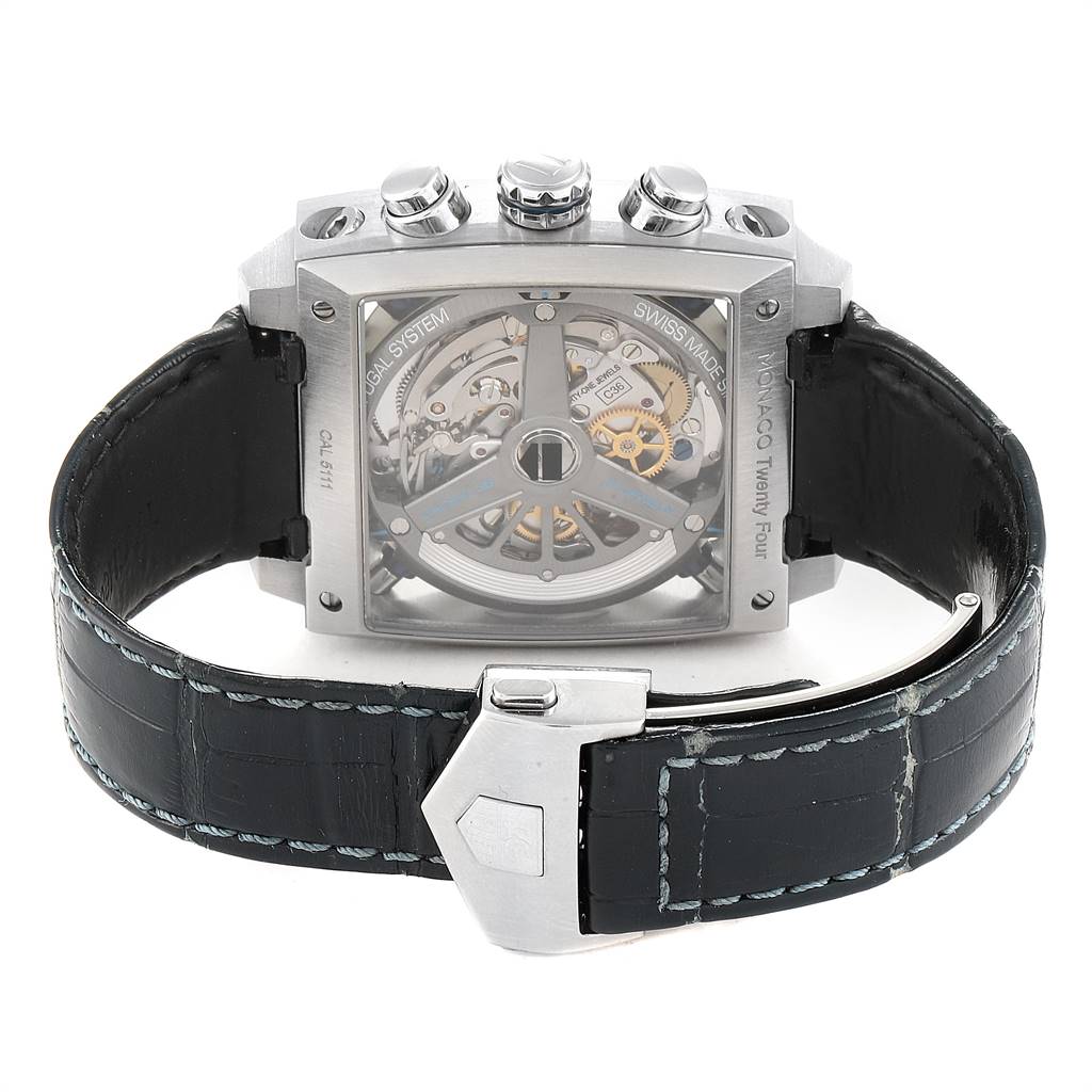 The image shows the back view of the Tag Heuer Monaco CAL5111.FC6299 Men's Stainless Steel Blue Dial CAL5111.FC6299 Men's Stainless Steel Blue Dial watch, including its transparent case back and the black leather strap.