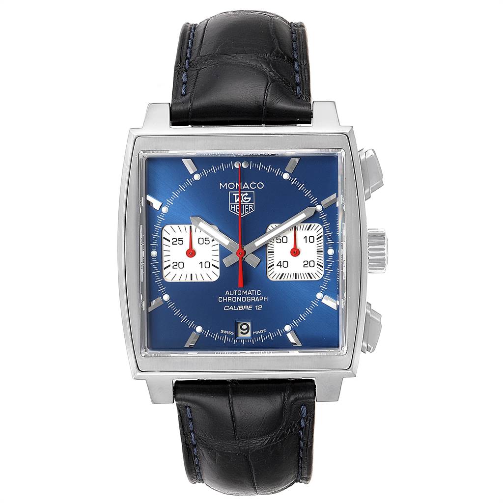 The image shows a front view of a Tag Heuer Monaco CAW2111 Men's Stainless Steel Blue Dial CAW2111 Men's Stainless Steel Blue Dial watch, displaying its blue dial, two sub-dials, and black leather strap.