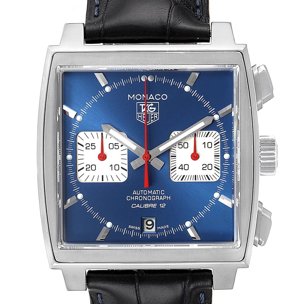 The image shows a front view of the blue dial of the Tag Heuer Monaco CAW2111 Men's Stainless Steel Blue Dial CAW2111 Men's Stainless Steel Blue Dial watch with a black leather strap.