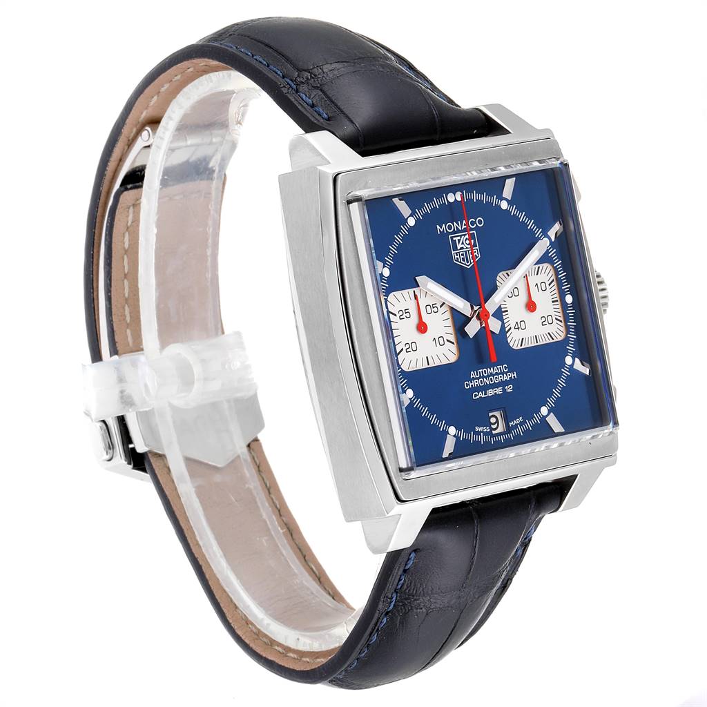 The image shows a side angle of the Tag Heuer Monaco CAW2111 Men's Stainless Steel Blue Dial CAW2111 Men's Stainless Steel Blue Dial watch, showcasing the face, case, and leather strap.