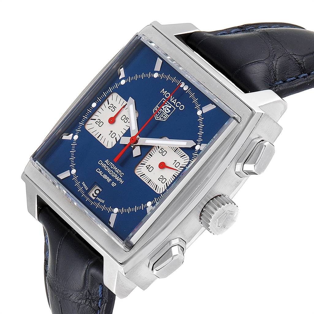 The image shows a side angle of the Tag Heuer Monaco CAW2111 Men's Stainless Steel Blue Dial CAW2111 Men's Stainless Steel Blue Dial watch, featuring its square case, blue dial, and black strap.