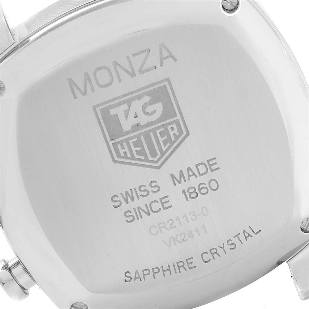 This image shows the back case of a Tag Heuer Monza CR2113.FC6164 Men's Stainless Steel Black Dial CR2113.FC6164 Men's Stainless Steel Black Dial watch, highlighting the brand, model, and inscriptions.